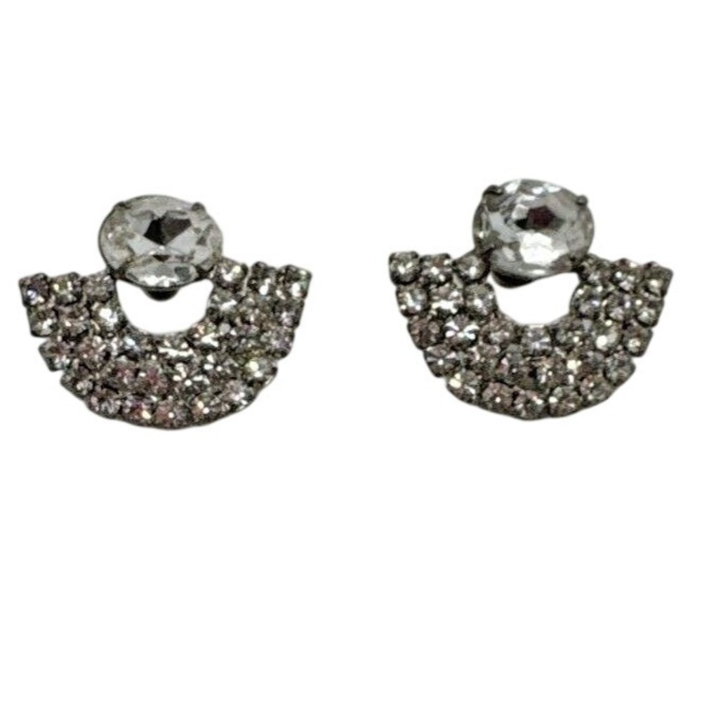 Vintage Rhinestone Silver‎ Tone Semi Circle Stud Dangle Pierced Earrings Retro